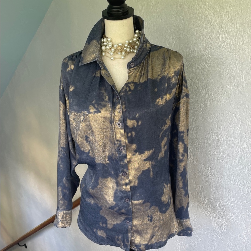 NEW JODIFL Womens Blue‎ and Gold Tye Dye Blouse Button down Size Small
